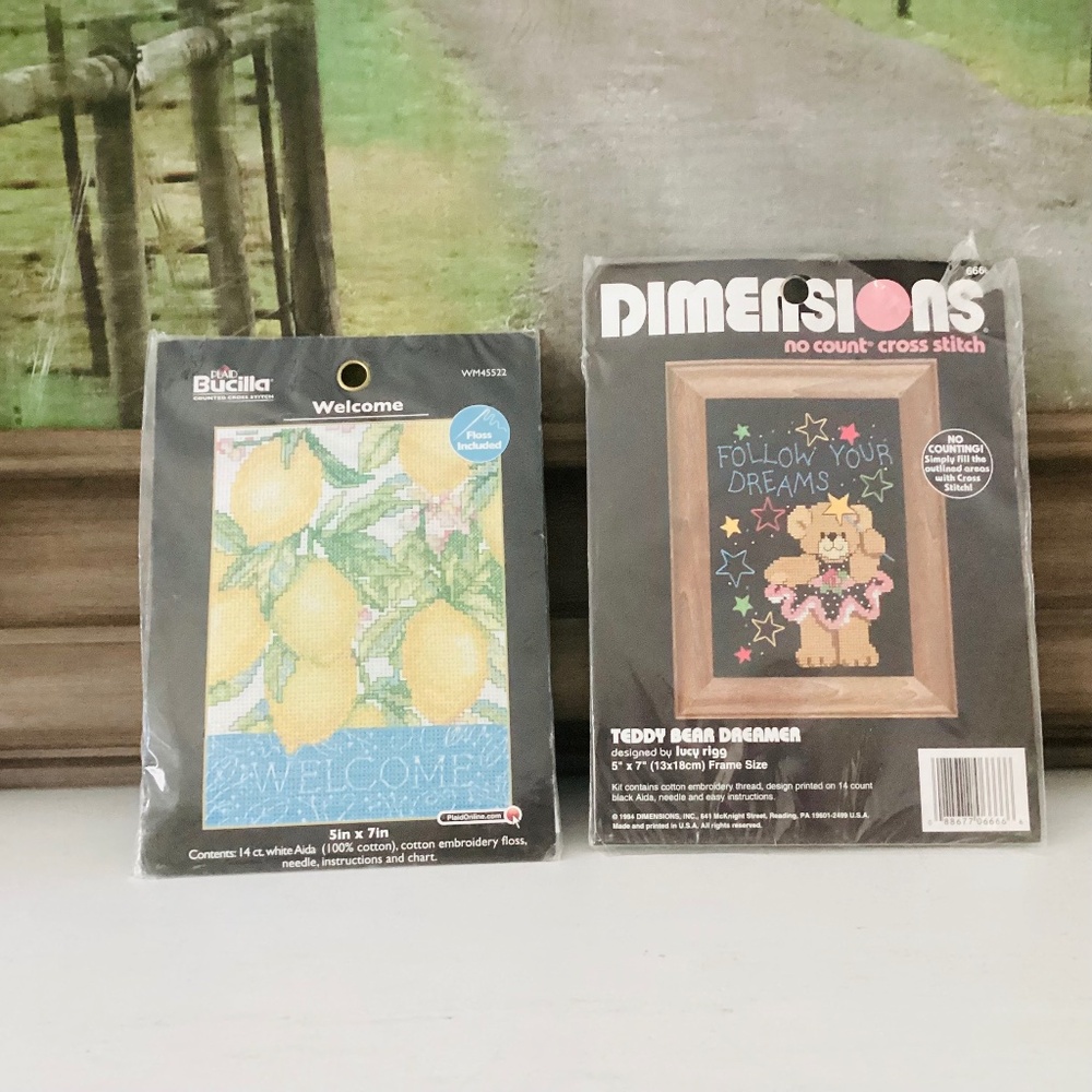 Lot Of 2 Counted Cross Stitch Kits New Bucilla Lemons Welcome Teddy Bear Dreamer